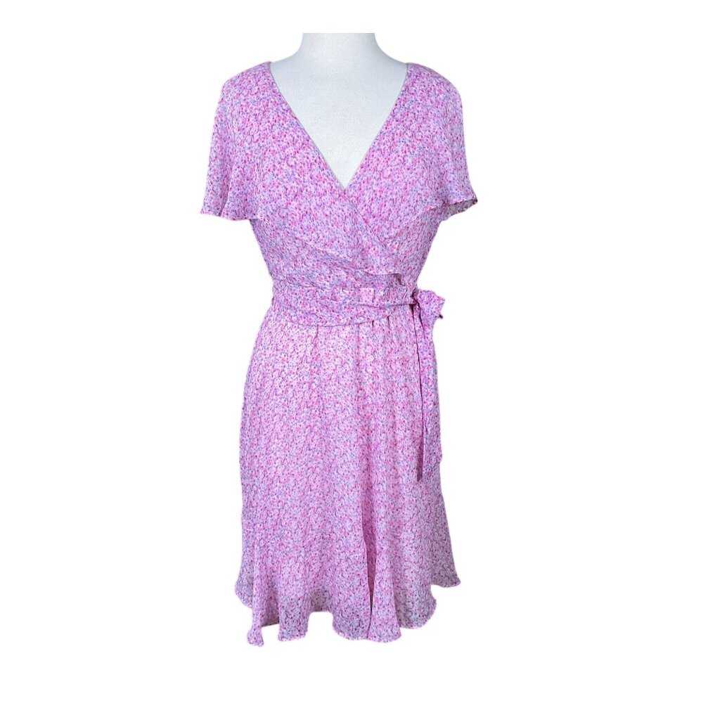 DKNY Short Sleeve Wrap Effect Pink Ditsy Floral Crepon Midi Dress Tie Belt 8